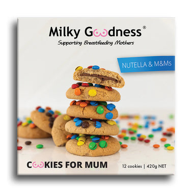 Packaging of Milky Goodness cookies with Nutella and M&M's on a white background